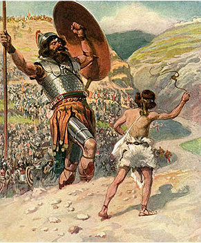 David treft met een steen de reus Goliath
