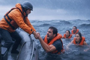 Rescue team saving multiple people wearing life vests in a stormy ocean, pulling survivors from the water into a boat during heavy rain and high waves.