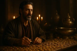 Cinematic depiction of Boaz, a man of great wealth from Ruth 2:1, seated in a softly lit ancient room surrounded by gold coins and vessels, symbolizing his strength and ability to redeem.