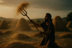 Cinematic realistic image of Boaz winnowing barley on the threshing floor at dawn during the beginning of the barley harvest, with sheaves of grain around him and golden sunlight illuminating the chaff in the air, inspired by Ruth chapter 3.