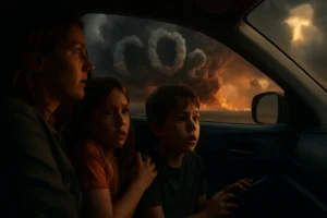 illustration showing a worried mother and two children inside a blue car, seen from outside the vehicle, staring fearfully at a dramatic sky filled with CO2-shaped smoke and an exaggerated natural disaster caused by climate change in the background.