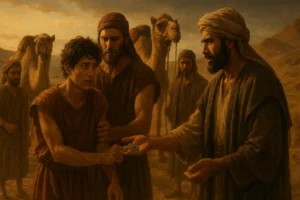 Joseph being sold by his brothers to passing merchants with camels, showing the emotional moment from the biblical story.