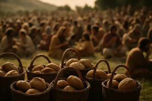 Twelve wicker baskets filled with loaves of bread in the foreground, with a large crowd eating and sitting in the background after the miraculous feeding of the 5000, inspired by the biblical scene.
