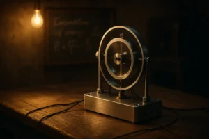 Realistic laboratory scene showing a metallic perpetual motion device on a wooden workbench, softly lit by a hanging bulb, with a chalkboard in the background referencing the law of conservation of energy — symbolizing Steorn’s Orbo and the concept of free energy.