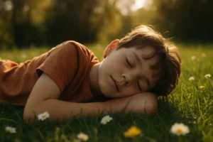 A young boy peacefully napping on fresh green spring grass beneath a tree, with soft sunlight filtering through the leaves — a calm, natural, and serene atmosphere.