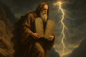 Moses descending Mount Sinai while carrying the two tablets of the Law, surrounded by dark storm clouds, thunder, and a striking bolt of lightning.