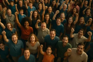 A high bird’s-eye view of a large, diverse crowd of people from different nationalities smiling, celebrating, and raising their hands together in a joyful atmosphere.