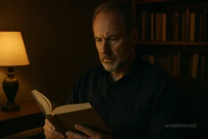 A middle-aged man reading a book in a warmly lit study, with a desk lamp and bookshelves in the background. The scene feels calm and contemplative, fitting for a book review about Dr. James Tabor.