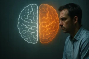 Cinematic scene showing a man studying a glowing split-brain illustration, with the left hemisphere lit in warm tones symbolizing analytical thinking and the right hemisphere in cool tones representing associative and typological thinking.