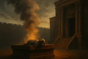 Realistic 16:9 scene of a lamb lying on a stone altar in the ancient Jewish temple, with fire and smoke rising as described in Leviticus, surrounded by warm cinematic lighting and stone architecture.