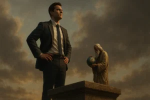 A cinematic, realistic scene of a confident man standing on a pedestal beside a small divine figure holding the world, symbolizing humanity’s pride and the reduction of God’s power over world events under a dramatic sunset sky.