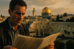 A man reads a newspaper at sunset with the Jerusalem Old City in the background, including the Dome of the Rock, Al-Aqsa Mosque, and the Temple Mount area.