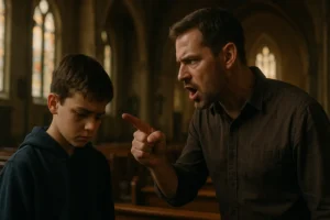 A father sternly correcting his young son inside a Catholic church, pointing his finger while speaking loudly, as the sad boy looks down in disappointment amid stained-glass windows and wooden pews.