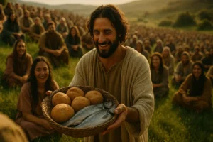 A Biblical scene of the sharing of 5 loafs and two fishes