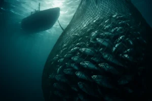 Underwater scene of many fish tightly caught inside a large fishing net, viewed from below, with a boat silhouetted above the water, symbolizing inescapability and being enclosed.