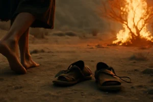 Cinematic image of Moses standing barefoot before the burning bush in a desert landscape, his sandals lying on the ground as golden firelight illuminates the scene, symbolizing holiness and awe.