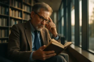 An older professor sitting in a modern library, reading a book while thinking deeply, surrounded by bookshelves and warm cinematic lighting.