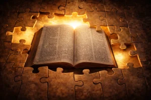An open Bible lies at the center of a surface surrounded by interlocking puzzle pieces, illuminated by a warm golden light that highlights the pages and creates a calm, contemplative atmosphere.