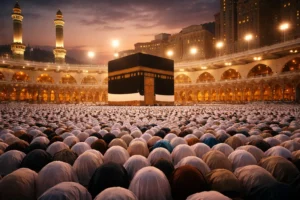 Thousands of Muslim pilgrims bowing in prayer around the Kaaba during the Hajj pilgrimage in Mecca, captured at dusk inside Masjid al-Haram