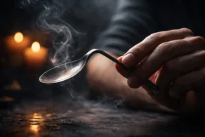 Close-up cinematic image of a hand bending a metal spoon, creating the illusion of paranormal power and deception in a dark, atmospheric setting
