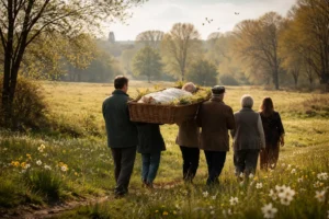 A large funeral procession moving slowly across an open field, where relatives carry a handwoven willow bier with the deceased during a spring burial, surrounded by trees, daylight, and returning nature beyond the city