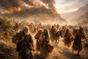 Wide-angle cinematic scene showing inhabitants of the land of Canaan fleeing with families and belongings as the nations are driven out during the days of Joshua, with a fortified city burning in the background.