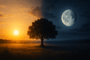 Cinematic landscape showing duality with sunlight and daytime on the left and moonlight and night on the right, symbolizing light and darkness, day and night, sun and moon in one realistic scene