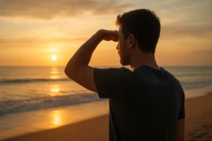 A man standing alone on a quiet beach at sunrise, shading his eyes with his hand as he looks into the distant horizon.