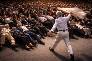 Benny Hinn stands on stage during a large crusade service in Atlanta in 2010, forcefully waving his jacket as rows of congregation members fall backward, with a packed audience filling the auditorium under dramatic stage lighting.