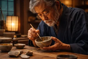 Senior Japanese man carefully restoring a broken ceramic bowl using kintsugi, highlighting gold-filled breaklines in a traditional Japanese workshop