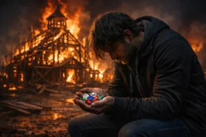 A modern-dressed man kneels in the foreground, holding colorful precious stones, while a wooden church under construction burns fiercely behind him, the flames lighting the dark and ominous scene as he ignores the destruction and focuses only on the jewels in his hands.