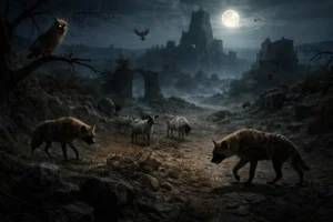 Bird’s-eye nighttime view of the desolate territory of Edom with hyenas, goats, and owls among ancient ruins under moonlight, creating an eerie and abandoned atmosphere as described in Isaiah 34.
