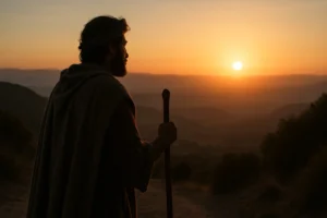 Cinematic sunrise scene of Jacob returning to the land after the night, standing and facing the rising sun as dawn breaks, symbolizing the end of his journey away and the beginning of a new chapter, inspired by Genesis 32.