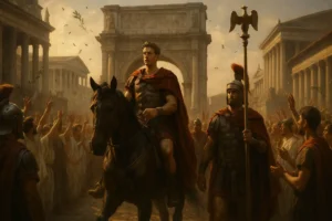 Cinematic 16:9 image of Julius Caesar riding a horse during a triumphal entry into ancient Rome, surrounded by cheering crowds, Roman soldiers, and a large triumphal arch in warm afternoon light.