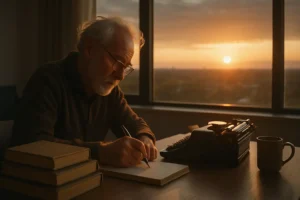 Andries Keizer Working at Sunrise in a Modern Home with Reference Books