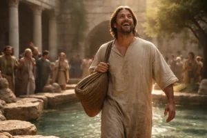 A formerly paralyzed man joyfully walking away from the Pool of Bethesda carrying his mat under his arm after being instantly healed by Jesus, as described in John 5
