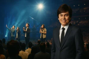 Wide view of a mega church worship service with Pastor Joseph Prince on stage, worship band performing under dramatic lighting, and a large congregation gathered indoors
