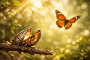 Empty cocoon broken open on a branch while a butterfly flies away in the background, sunlight shining through leaves creating a sense of new life and power