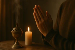 Close-up of hands held together in prayer, not folded, indoors beside a burning candle and a smoking censer, captured in warm, low light