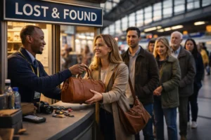 A relieved woman smiles as she receives her lost handbag at a train station lost and found counter, with a visible lost and found sign and other people waiting in line to recover missing items, creating a joyful and thankful atmosphere.