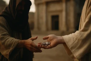 Close-up of two hands exchanging thirty pieces of silver in front of a blurred ancient Jewish temple, symbolizing Judas handing over Jesus.