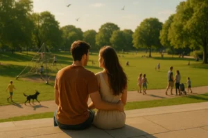 A young couple sits together on modern public steps, enjoying the warm summer sun while overlooking a park with families, children playing near a climbing structure, a running dog, and birds flying overhead.
