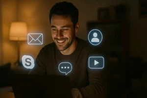 A man connecting online through digital communication, symbolizing online fellowship via email, video calls, messaging apps, and shared content on platforms like YouTube and Skype