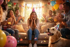 Extremely happy birthday celebration in a sunlit living room with family and friends shouting hip hip hooray around the central birthday person, colorful balloons and confetti in the air, summertime atmosphere, and a dog wearing a party hat
