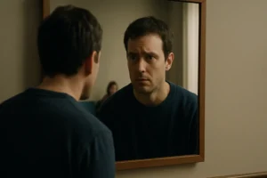A worried man leaning toward a mirror in a doctor’s waiting room, reflecting his anxious expression while other patients sit quietly in the background.