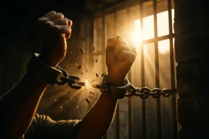 Close-up of strong dark-skinned hands breaking heavy iron chains inside a dim prison cell, with sunlight shining through the bars and debris scattering from the snapping metal.
