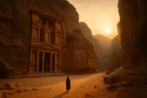 A solitary traveler walking through the Siq canyon toward the Treasury in Petra at sunrise, surrounded by towering red sandstone cliffs glowing in warm golden light.