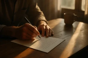 A close-up cinematic photo of a hand writing a letter with a pen on white paper at a wooden table, illuminated by warm morning light coming through a window.