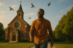 A young man smiling as he walks away from a brick Gothic-style church at golden hour, with birds flying overhead and warm sunlight illuminating the scene.