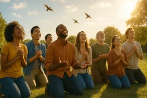 A diverse group of eight people kneeling in a sunny outdoor field, smiling and looking upward as birds fly overhead in warm sunrise light.